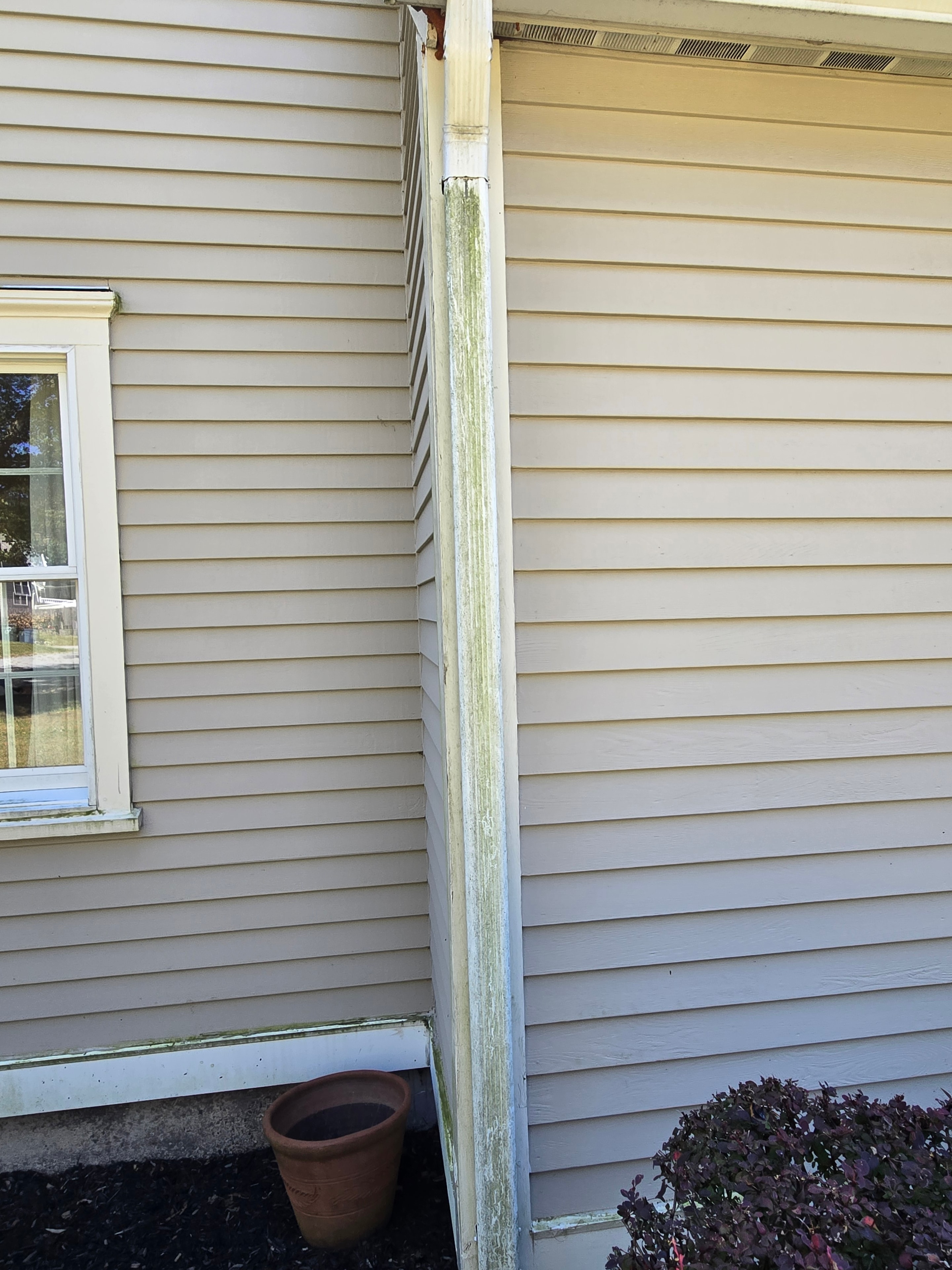Before: deteriorated gutter with algae